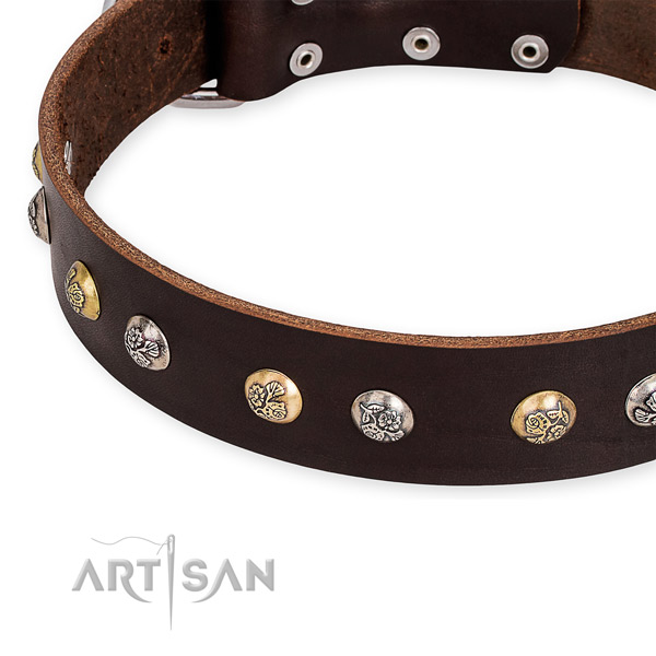 Natural genuine leather dog collar with fashionable corrosion resistant studs