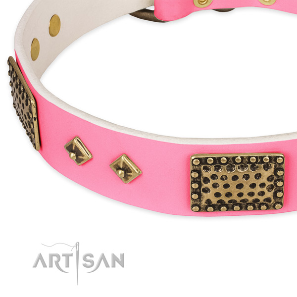 Natural genuine leather dog collar with decorations for easy wearing