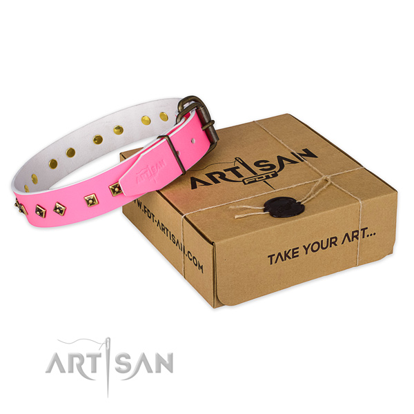 Strong hardware on genuine leather dog collar for fancy walking