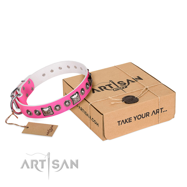 Durable natural genuine leather dog collar made for walking