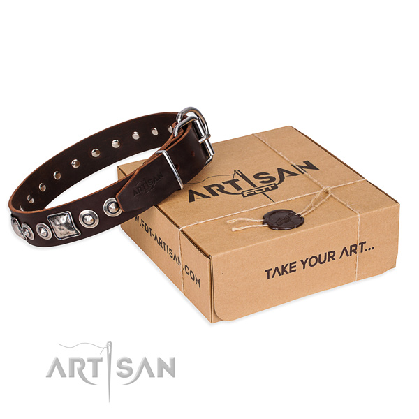 Genuine leather dog collar made of reliable material with strong traditional buckle