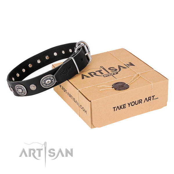 Quality full grain leather dog collar handcrafted for comfy wearing