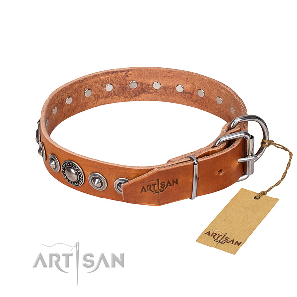 Full grain leather dog collar made of top notch material with rust-proof embellishments