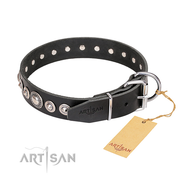 Durable adorned dog collar of full grain genuine leather