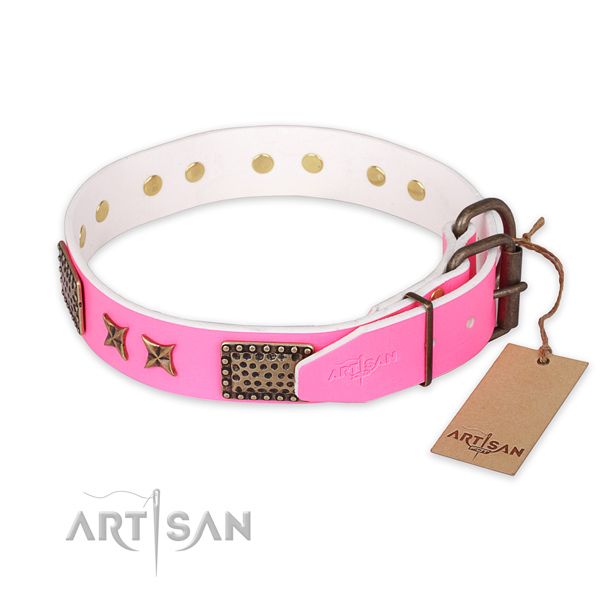 Rust-proof fittings on leather collar for your stylish pet