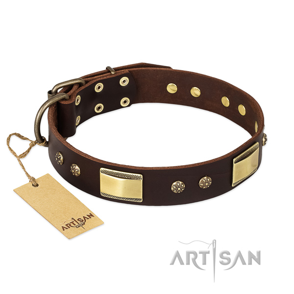 Genuine leather dog collar with rust resistant D-ring and decorations