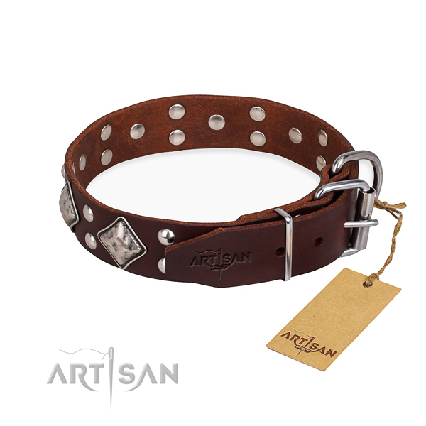 Full grain genuine leather dog collar with extraordinary reliable embellishments