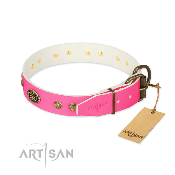 Strong traditional buckle on natural leather dog collar for your canine