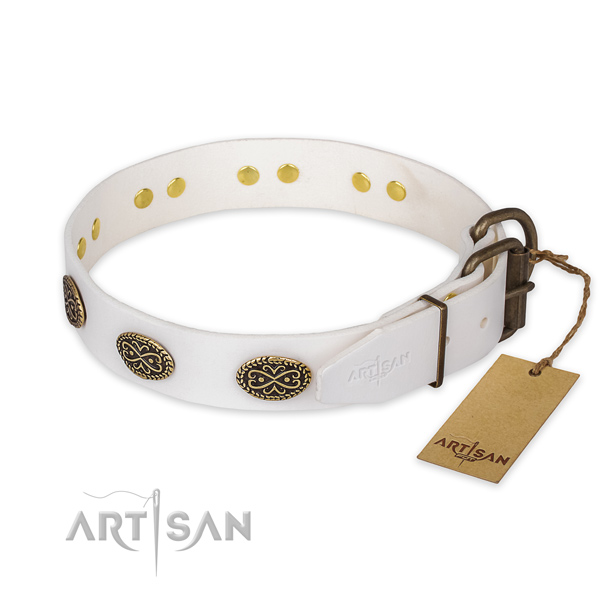 Rust resistant fittings on genuine leather collar for fancy walking your pet
