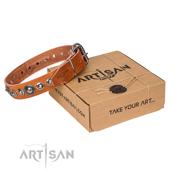 Full grain leather dog collar made of gentle to touch material with rust-proof fittings