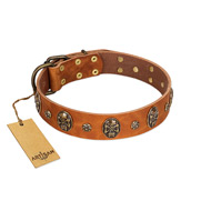 "Rockstar" FDT Artisan Tan Leather Belgian Malinois Collar with Engraved Studs and Medallions