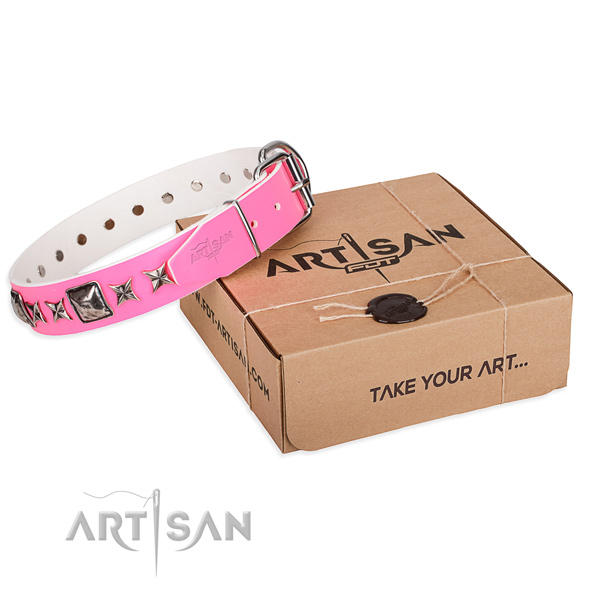 Everyday walking natural leather dog collar with decorations