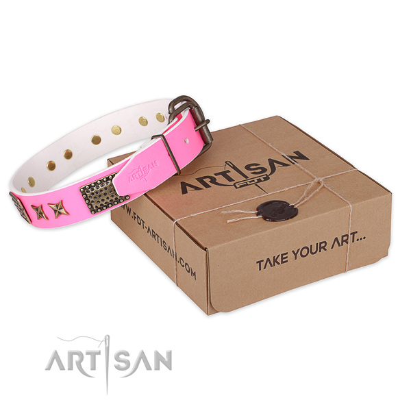 Rust-proof buckle on full grain genuine leather collar for your beautiful dog