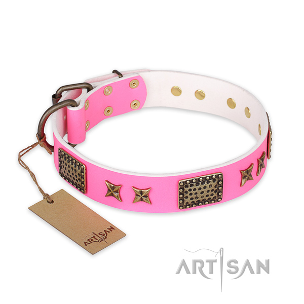 Exceptional genuine leather dog collar with durable D-ring