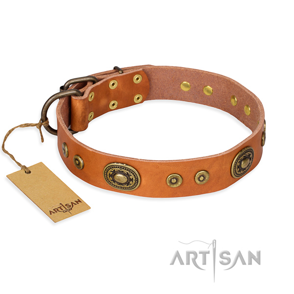 Full grain natural leather dog collar made of soft material with rust-proof D-ring
