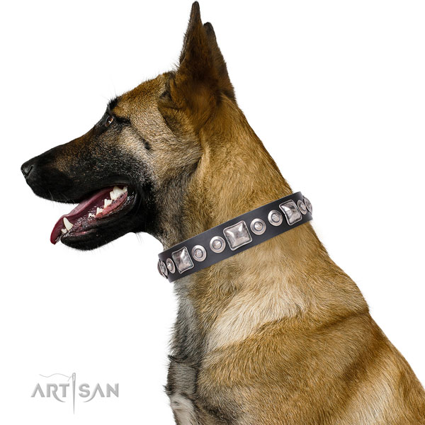 Awesome embellished natural leather dog collar for comfortable wearing