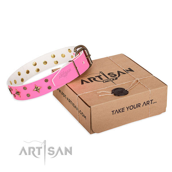 Adorned genuine leather dog collar for everyday use