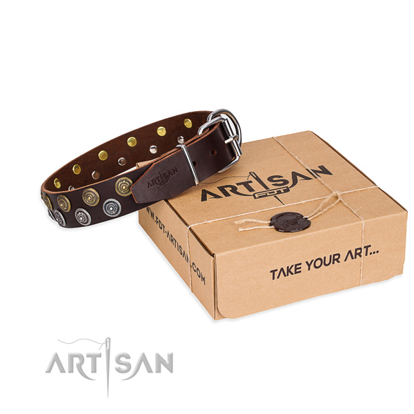 Full grain leather dog collar with decorations for daily use