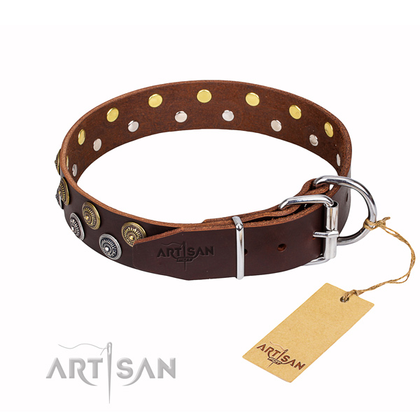 Handy use natural genuine leather collar with decorations for your four-legged friend