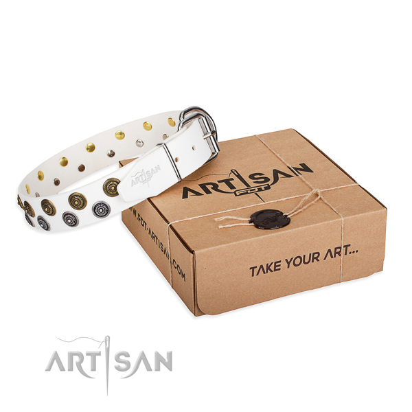Studded full grain genuine leather dog collar for handy use