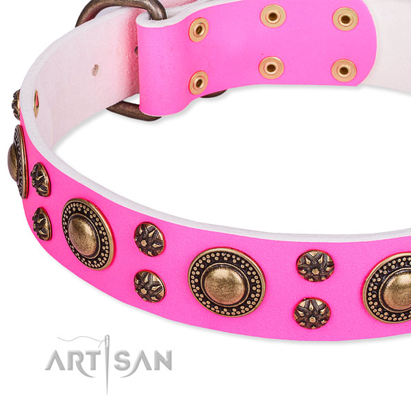 Natural genuine leather dog collar with inimitable adornments