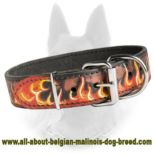 Flames Painted Leather Dog Collar For Belgian Malinois