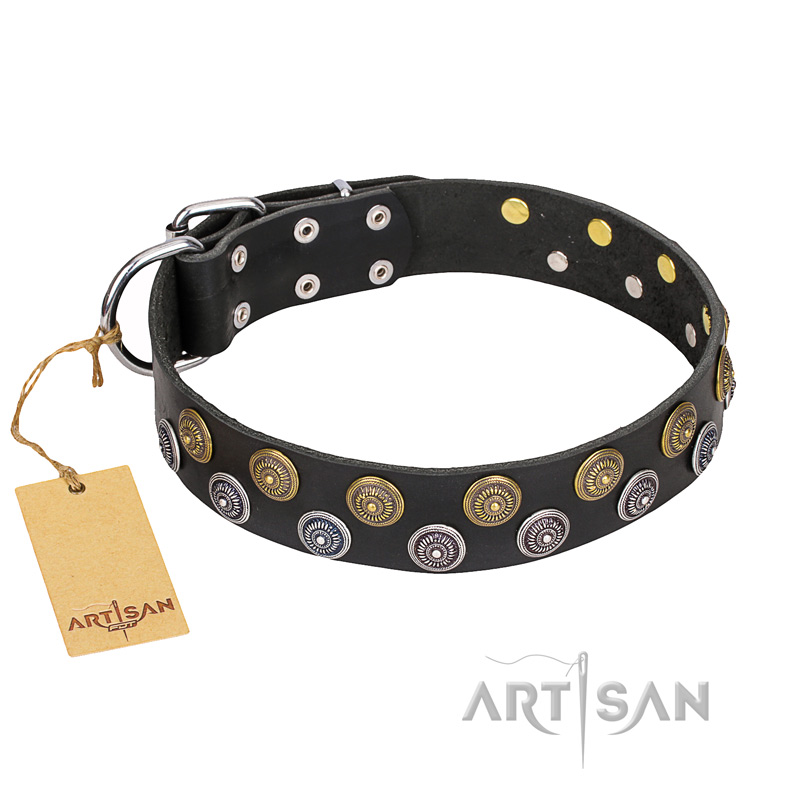 "Romantic Breeze" FDT Artisan Black Leather Belgian Malinois Collar - 1 1/2 inch (40 mm) wide