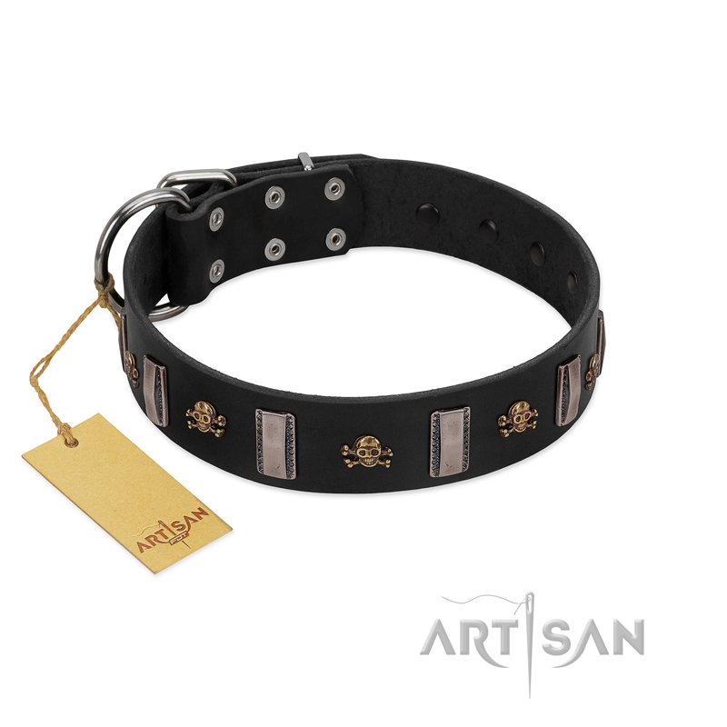 "Pirates' Symbol" Fashionable FDT Artisan Black Leather Belgian Malinois Collar with Silver-Like Plates and Gold-Like Skulls