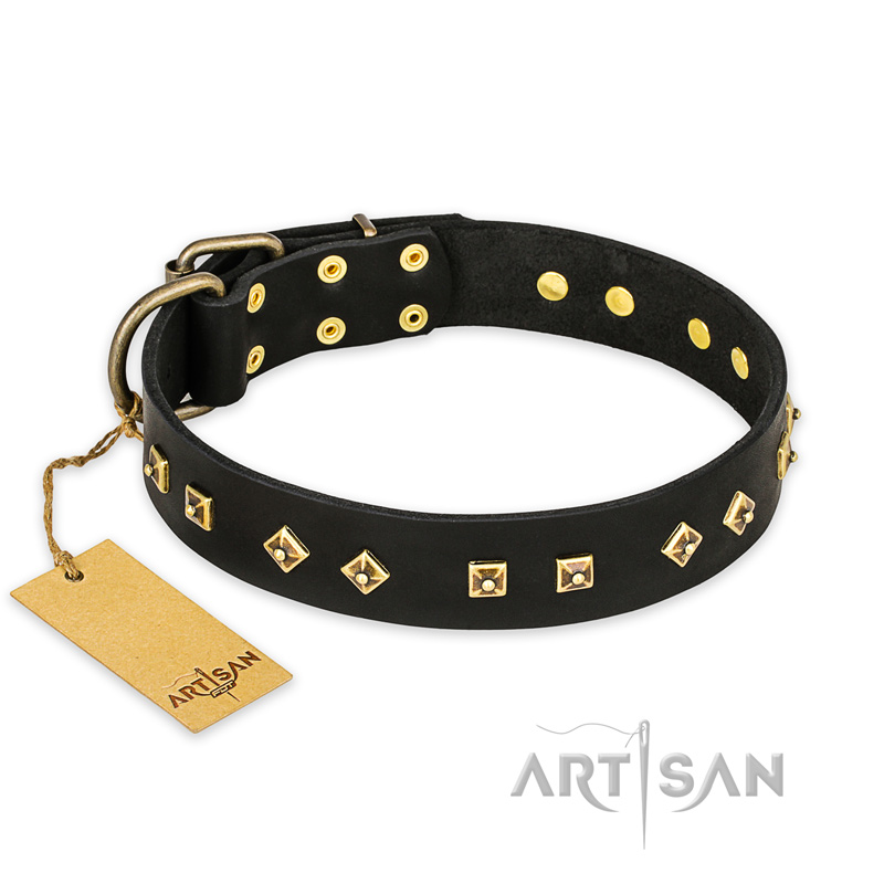 "Rhomb Style" FDT Artisan Decorated Leather Belgian Malinois Collar with Old Bronze-Plated Studs 1 1/2 inch (40 mm) Wide
