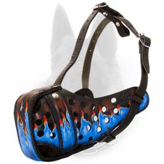Blue Fire Painted Leather Dog Muzzle for Belgian Malinois Walking